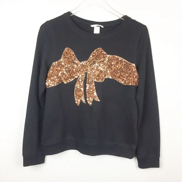 H&M Tops Hm Black And Gold Sequin Bow Sweatshirt Nwt Poshmark